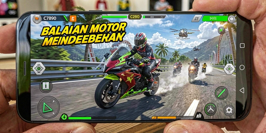 Screenshot gameplay C7890 yang menunjukkan aksi balapan motor yang mendebarkan.