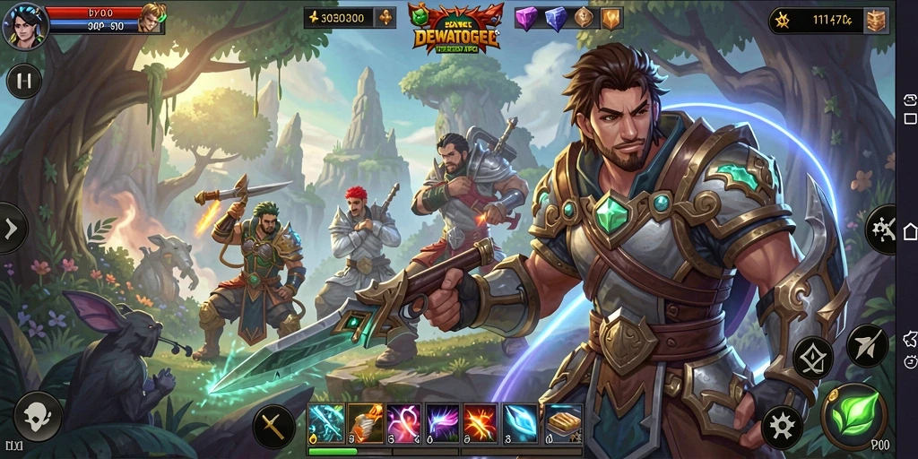 Tangkapan layar utama gameplay DEWATOGEL menampilkan pertarungan epik karakter dalam dunia ARPG.