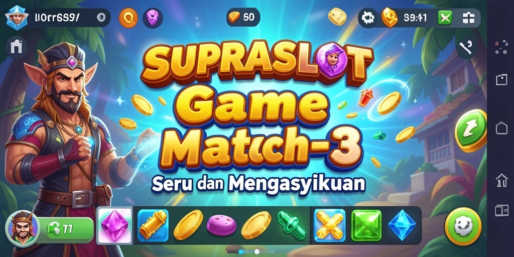 Screenshot gameplay SUPRASLOT yang menampilkan kombinasi item warna-warni.